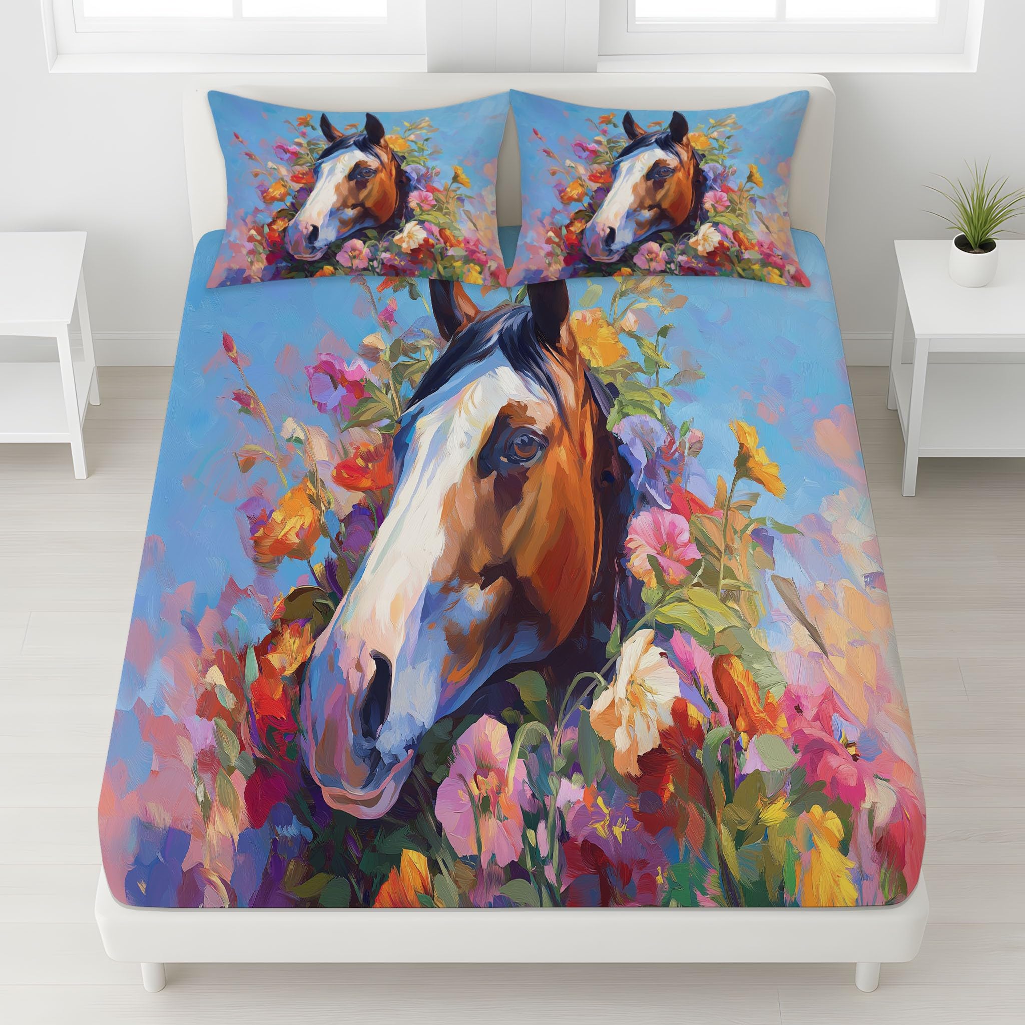 Blumenmuster Pferdekopf Blüten Spannbettlaken 160 x 200 cm - Bettlaken Pflegeleicht, Hyperrealistisch Landhausstil Sanft, Bettwäsche-Set, 3-teiliges Künstlerisches Schlafzimmer