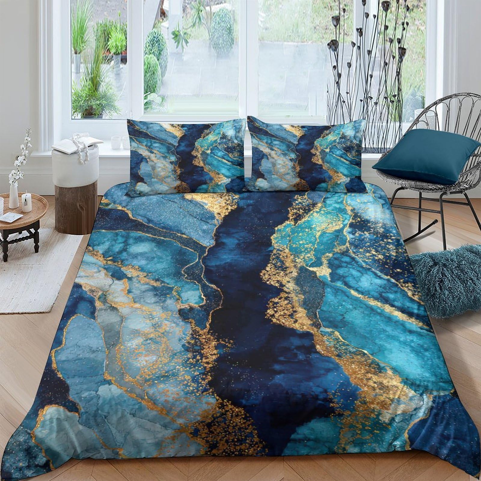 Ctjqhvkz Style-1 3D Printed Blue Marble Fitted Sheet Microfiber Soft Artistic Gold Vein Mattress Cover For Bedroom Guestroom Decor Single（135X200cm）