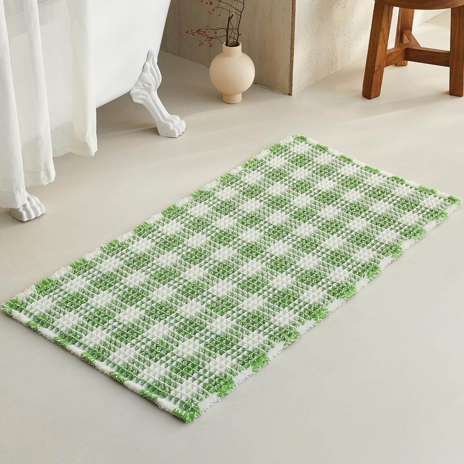 TYUU Waffle Bath Mat, Cute Bathroom Rugs Non Slip, 48x24 Green &amp; White