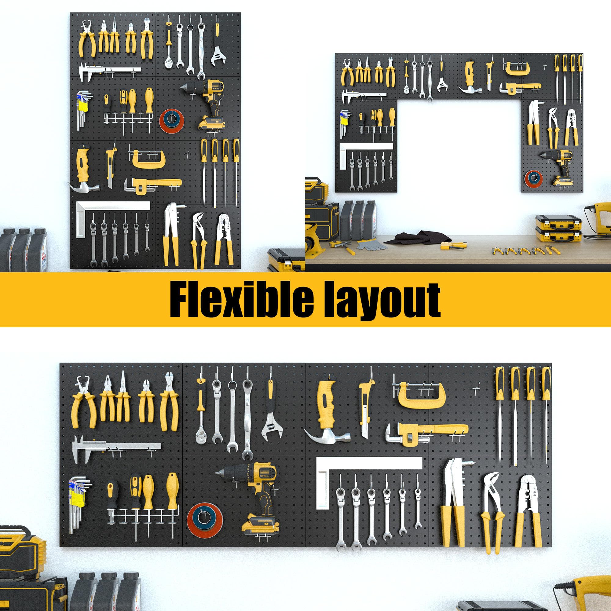 Spampur Lot de 8 panneaux perforés en métal noir, système de rangement d'outils pour établi, organisateur de garage, organisation murale de bureau, salle d'artisanat, noir