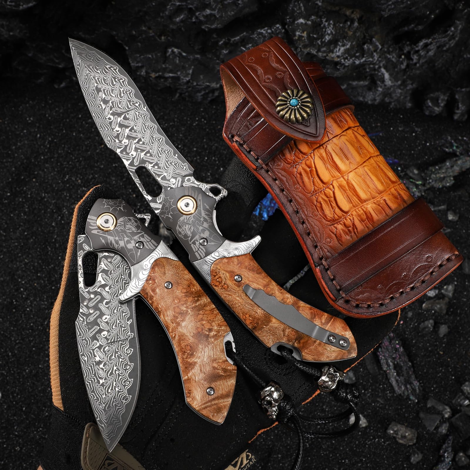 Handgefertigtes Klappmesser aus Damaszenerstahl, EDC-Messer für Herren, komplett mit Lederscheide und Taschenclip. Taschenmesser für Outdoor-Camping, Wanderungen，Bergsteigen und Jagd
