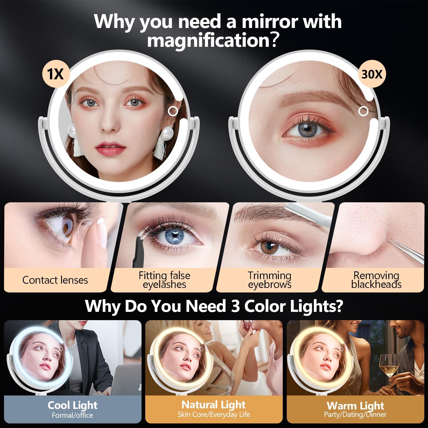 MIYADIVA Makeup Mirror with Lights, 30X Magnifying Mirror with Light and Touch Switch, Vanity Mirror with 3 Color Light and 80 LEDs, Height Adjustable Desk Mirror with Lights, White - Image 4