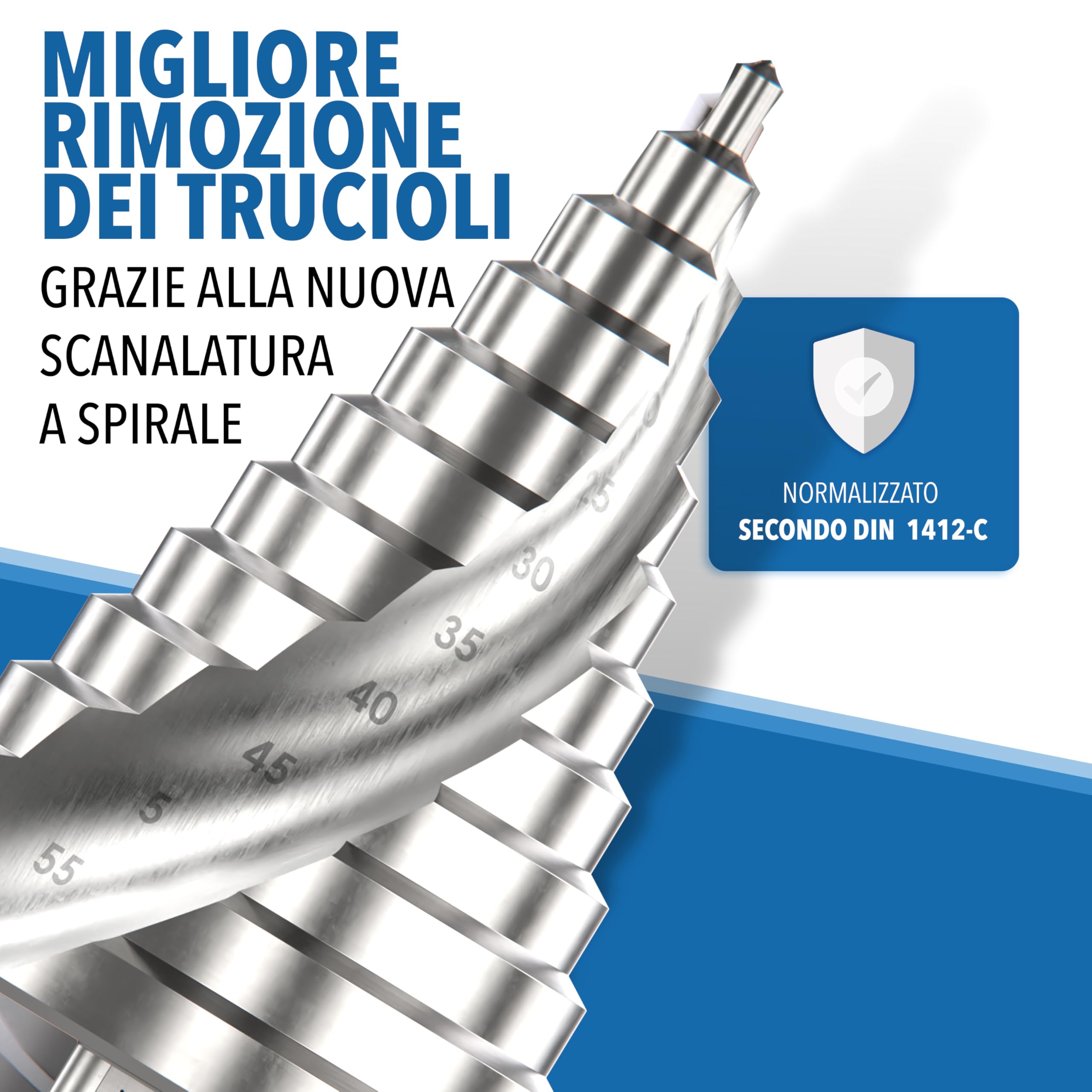 Trapano a gradini 6 – 60 mm in HSS 4241 – scanalatura elicoidale con gambo da 12 mm – Punta conica per sbucciare metallo plastica legno – Punta extra grande per fori precisi