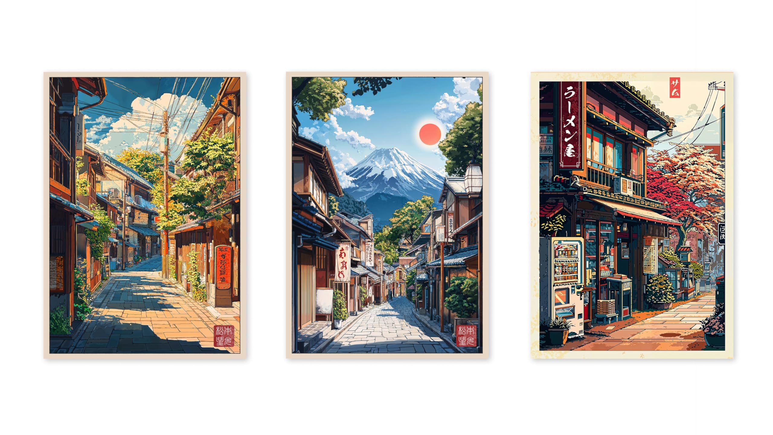 Animato Japan By Day Poster Set, Vintage Woodblock Anime Poster Set, Japanese Wall Art, A5 (Print Only) - 21x14.8cm