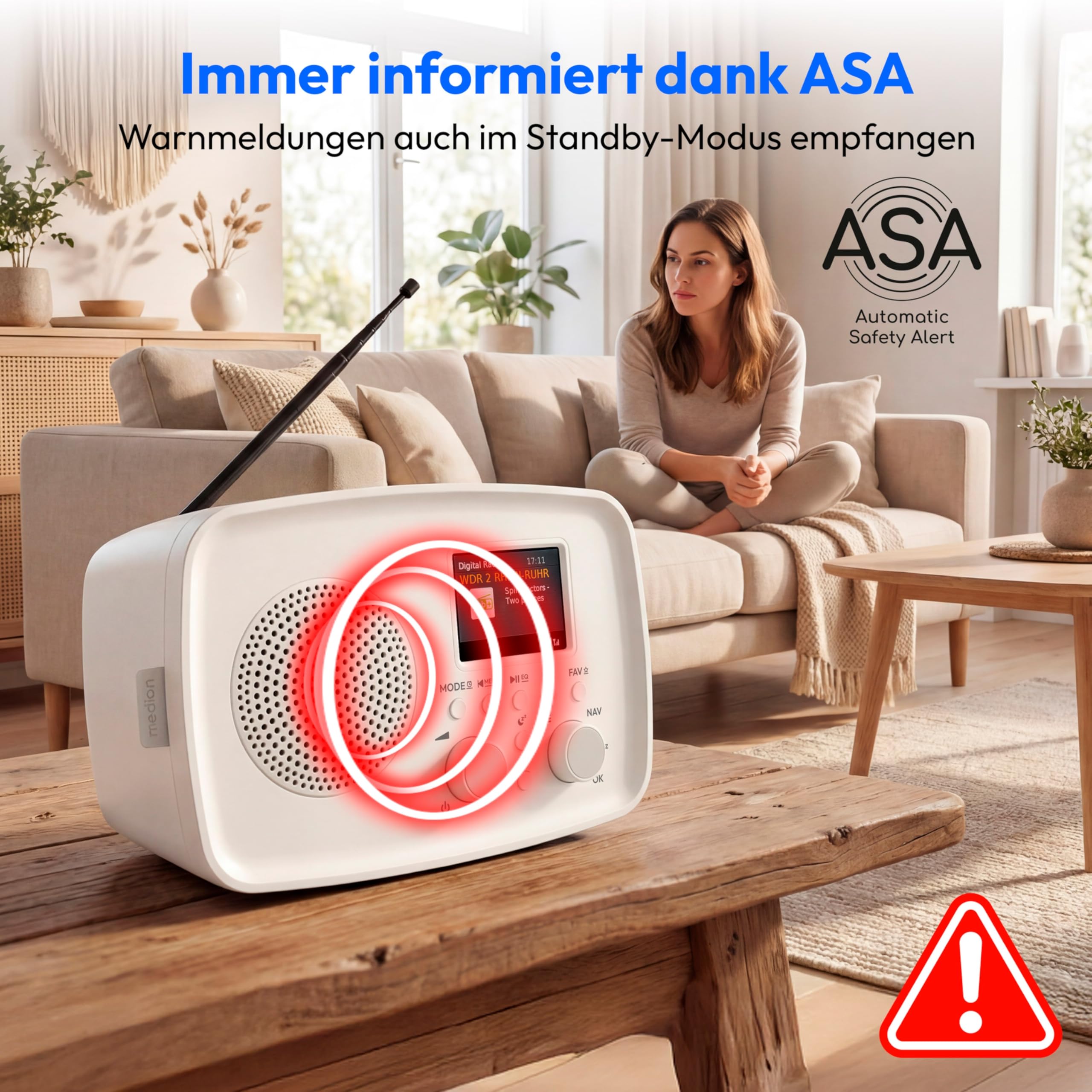 MEDION DAB Radio mit Bluetooth DRE-1– Empfang über DAB+ und UKW, Radiowecker, 5W Lautsprecher für klaren Klang, TFT-Display, ASA-Notfallfunktion, Betrieb über Netzanschluss - weiß