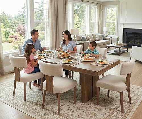 Miniatura 3 de Juego de 4 sillas de comedor modernas de mediados de siglo, sillas de comedor tapizadas de tela de lino, respaldo curvado, sillas de comedor de