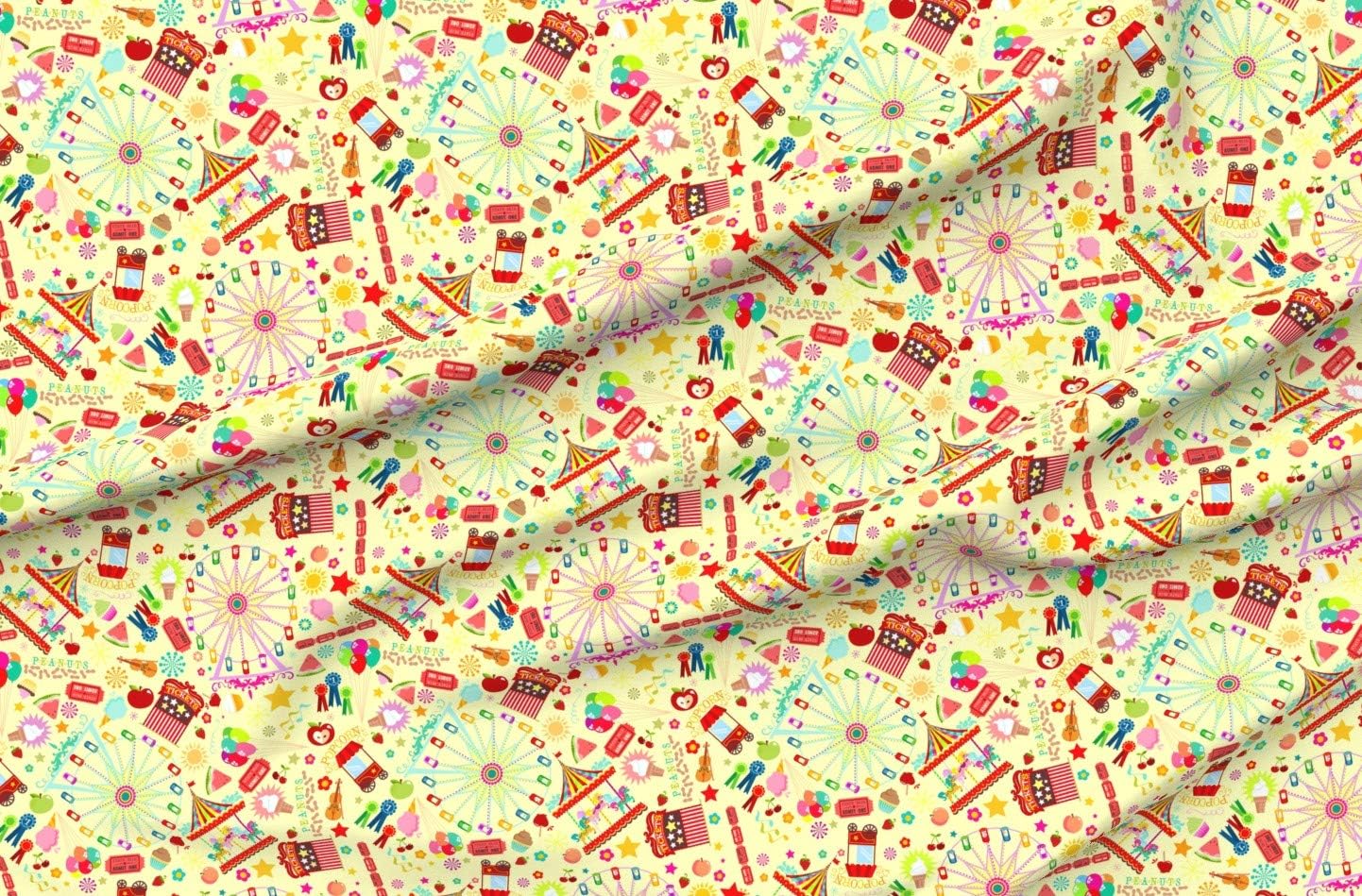 Spoonflower Fabric - Magical State Fair Wheel Music Food Balloons Yellow Carnival Printed on Organic Cotton Sateen Fabric by The Yard - Sewing Quilting Apparel Home Decor
