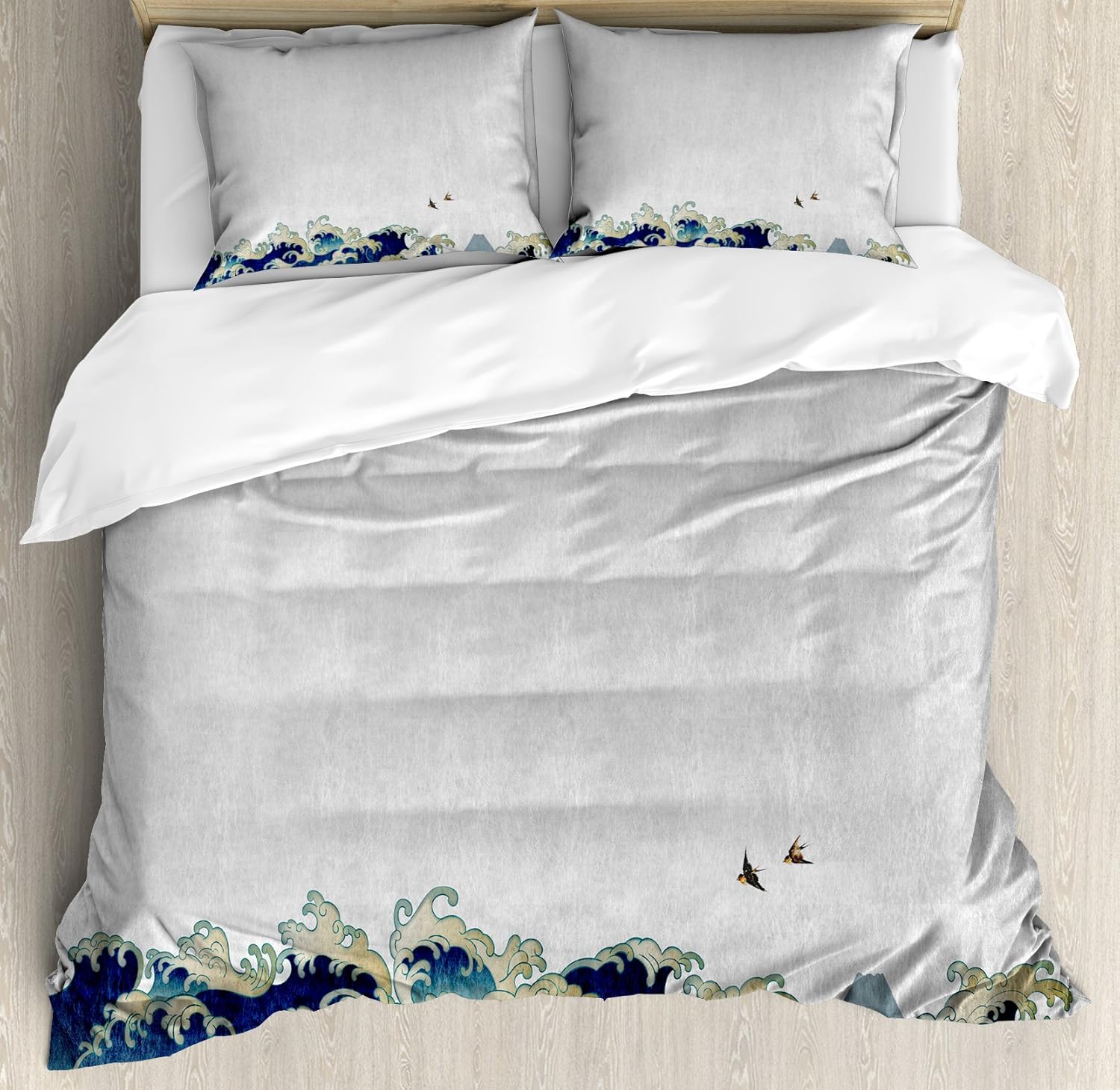 Ambesonne Japanese Wave Duvet Cover Set, Aquatic Swirls Birds of Ocean Ukiyo-e Style Artwork Greyscale Background, Decorative 3 Piece Bedding Set with 2 Pillow Shams, Queen Size, Grey Blue