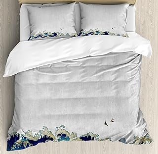 Ambesonne Japanese Wave Duvet Cover Set, Aquatic Swirls Birds of Ocean Ukiyo-e Style Artwork Greyscale Background, Decorative 3 Piece Bedding Set with 2 Pillow Shams, Queen Size, Grey Blue