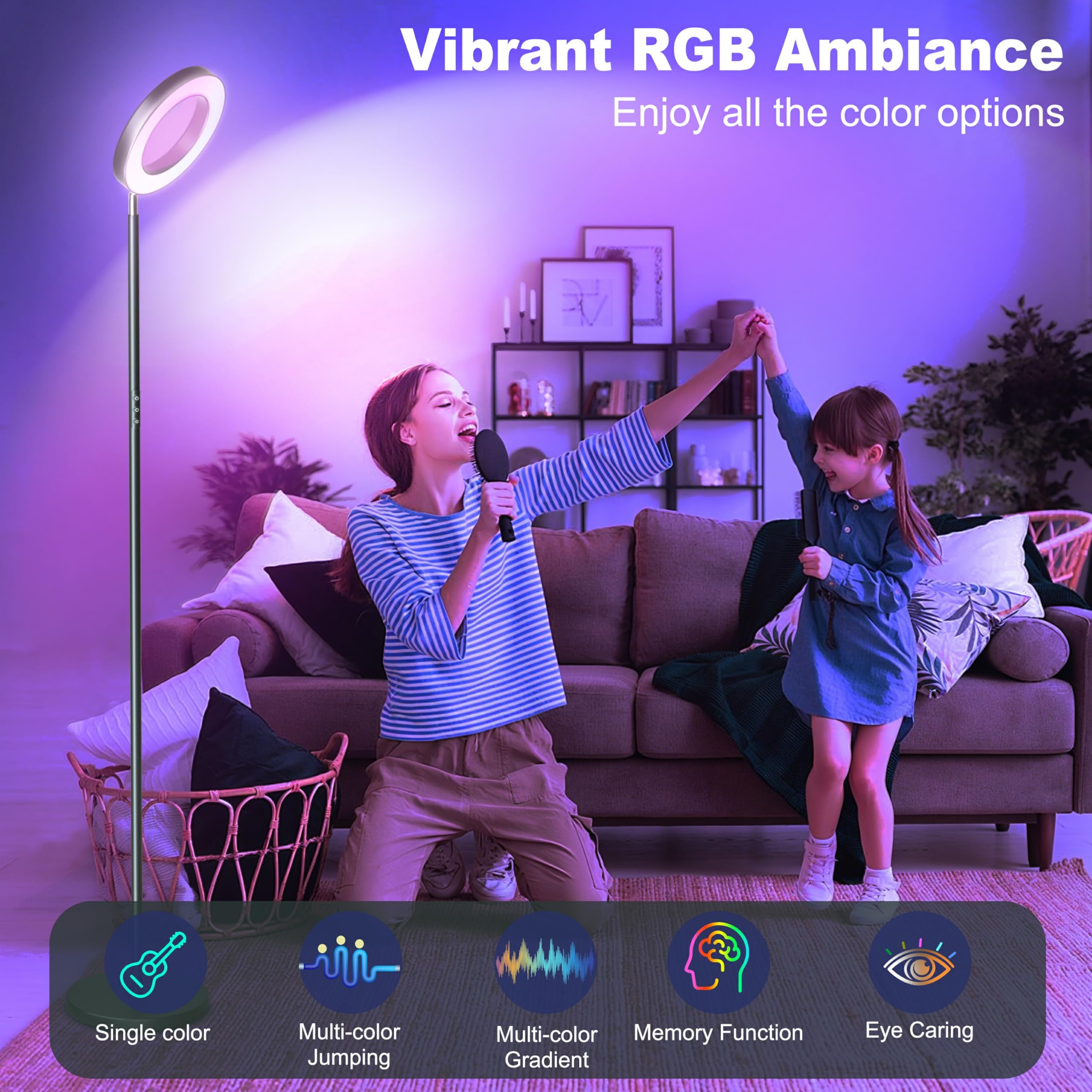 Lampa podłogowa RGB LED, 42 W możliwość ściemniania i zmiany kolorów 2700K-6500K, pilot zdalnego sterowania, sterowanie dotykowe i timer, wysoka lampa podłogowa do salonu, sypialni, biura