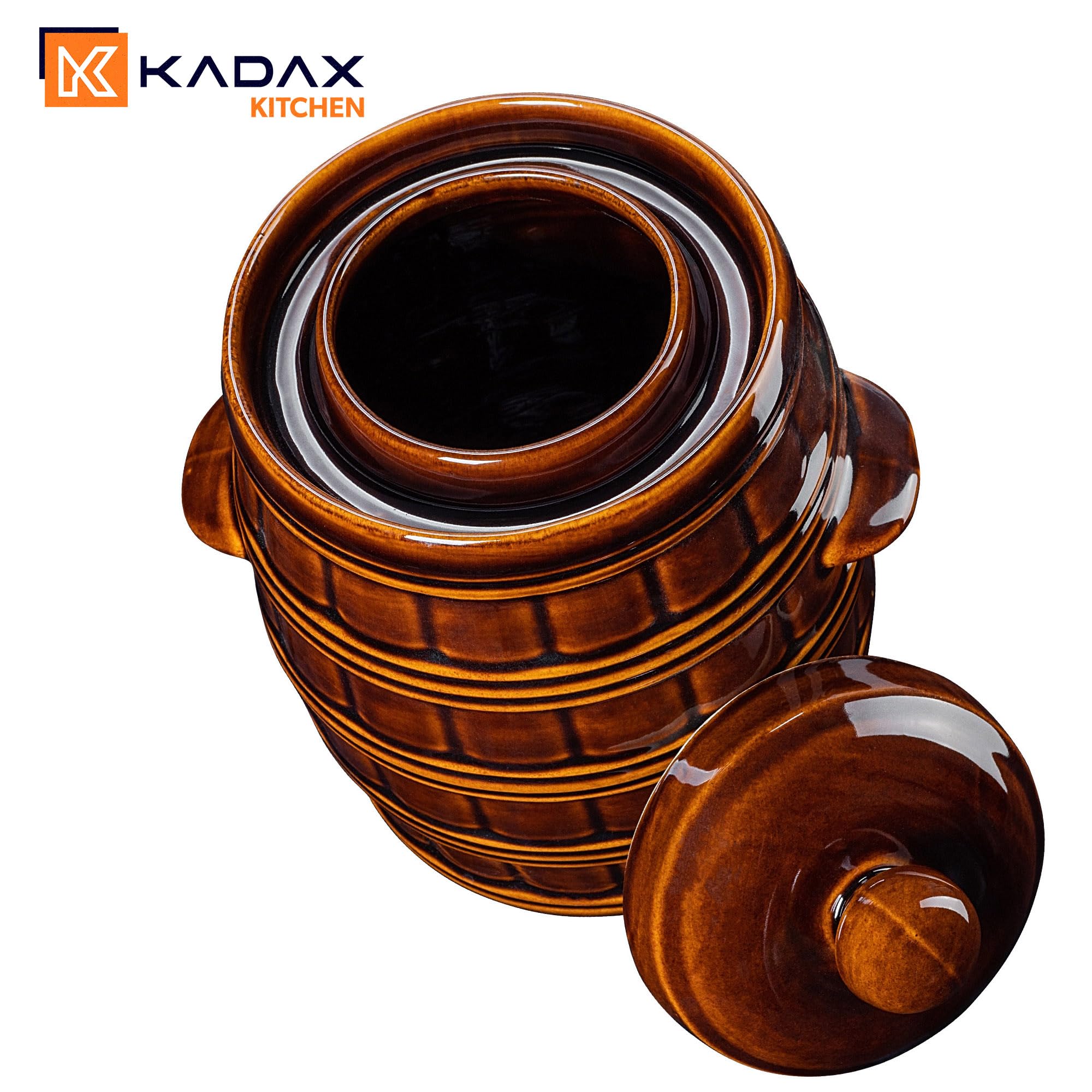 KADAX Casserole de fermentation en grès 8L marron, cuvette d'eau et couvercle pour l'étanchéité, lavable au lave-vaisselle, pour mariner les concombres et le chou