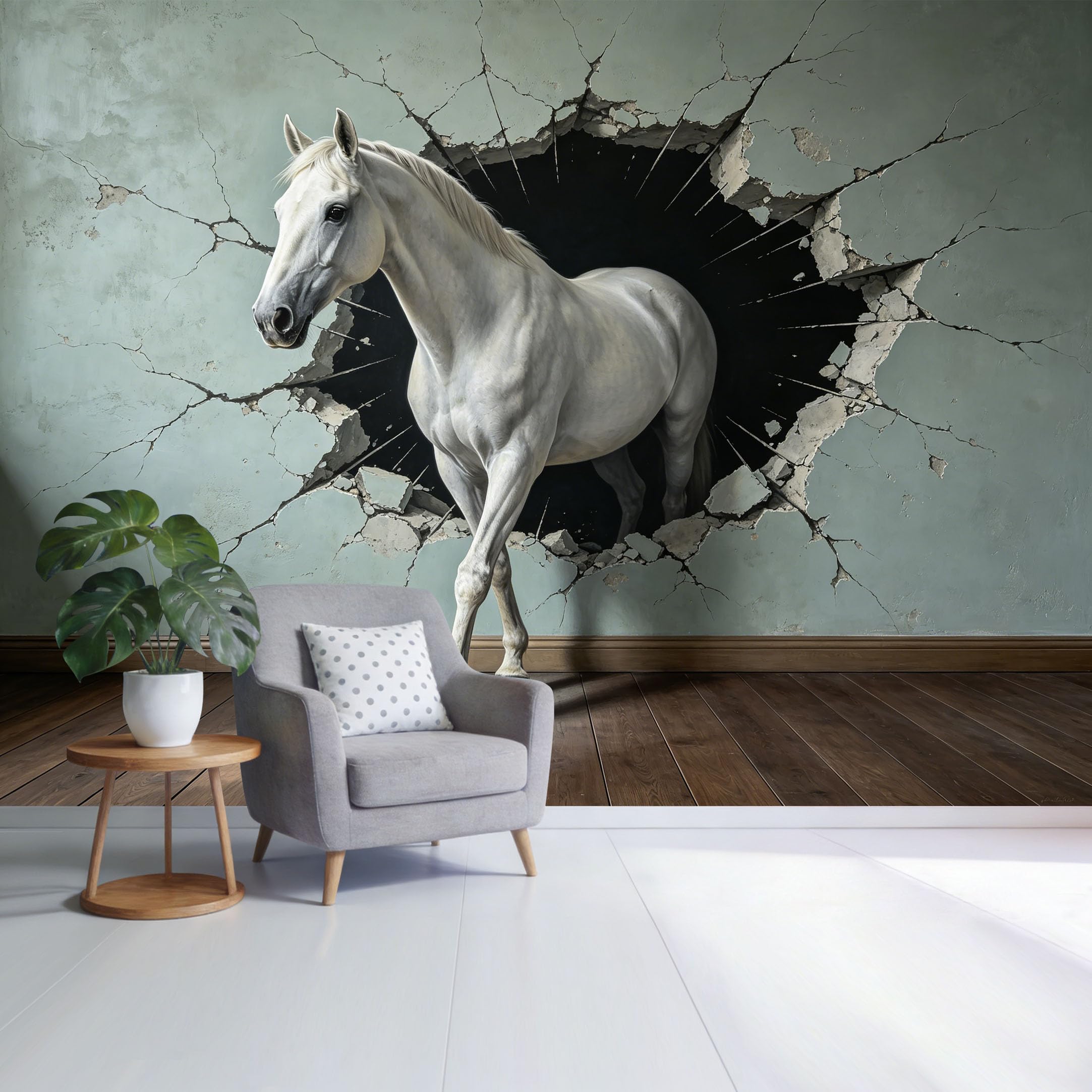Custom Size Wall Mural White Horse Bursting Through Cracked Wall 3D Trompe L'Oeil Removable Self Adhesive Fabric，Home Wall Decor for Living Room Bedroom Bathroom