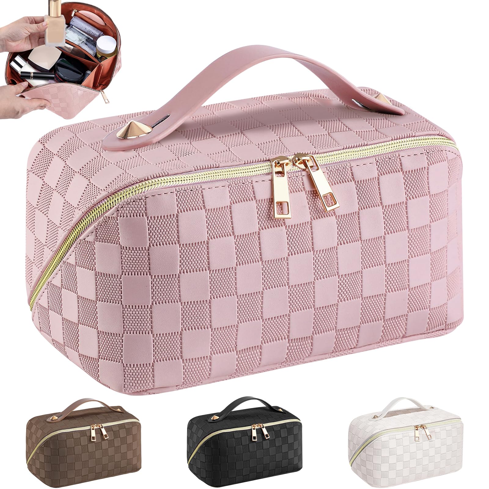 EECH Neceser Maquillaje,Grande Neceser Viaje Mujer de PU Neceser Cuero,Makeup Bag,XXL Organizador Bolsa de Aseo para Maquillaje Necessaire Viajes Accesorios de Mujer(Enrejado-Rosa)