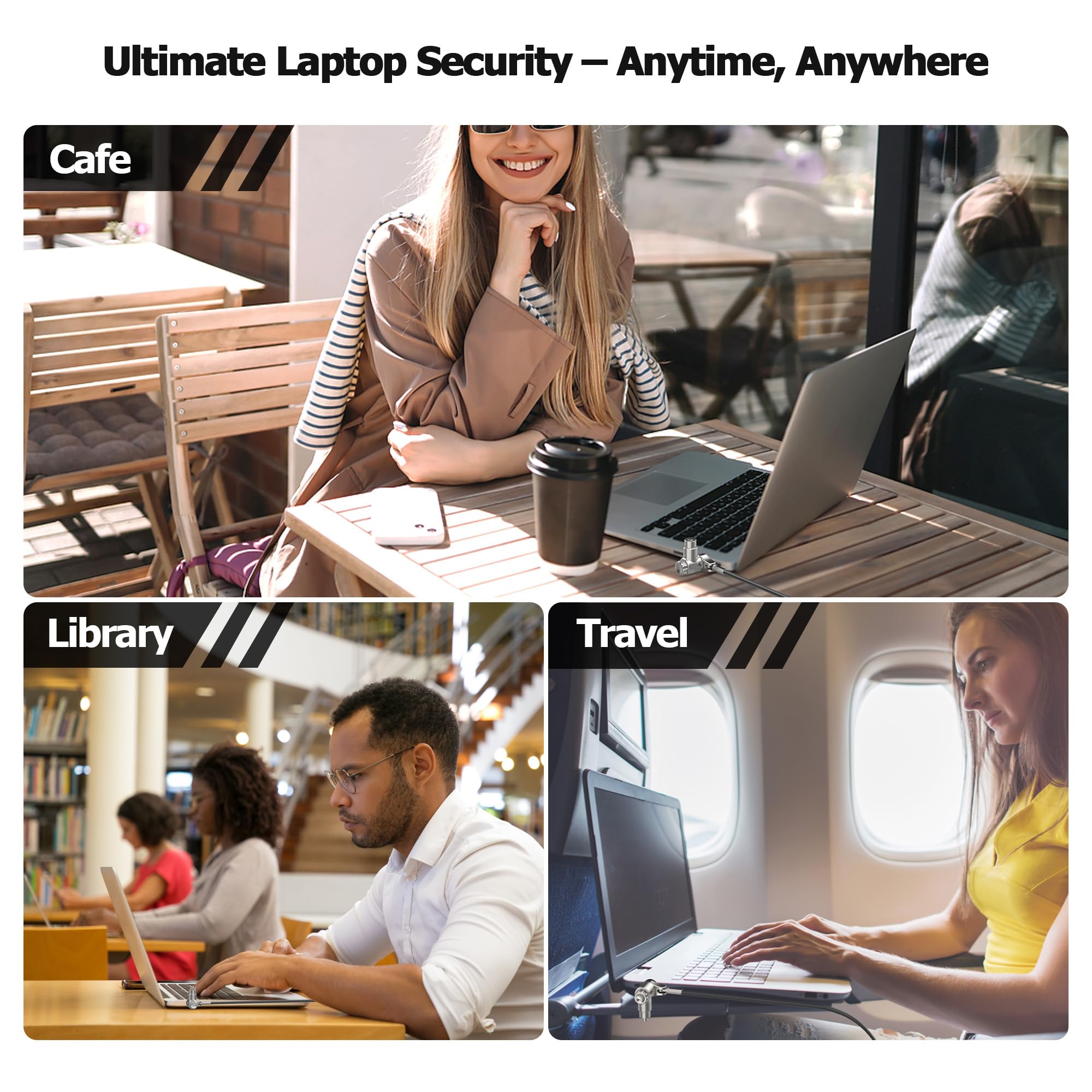 AboveTEK Candado para Ordenadores Portátiles: Cable de Seguridad 3 en 1 de 2m para Escritorio, Sistema Universal Antirrobo con 2 Llaves para Portátiles, Compatible con K-Slot, Nano y Wedge Slot