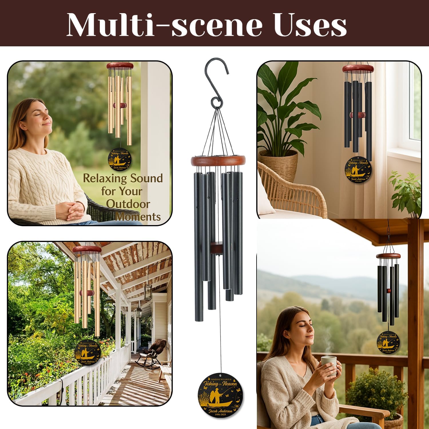 Personalized Gone Fishing Memorial Wind Chime – “Fishing in Heaven” Fisherman Wind Chimes– Custom Name & Dates – Outdoor Sympathy Gift for Men, Dad, or Grandpa – Memorial Garden Decor for Loss
