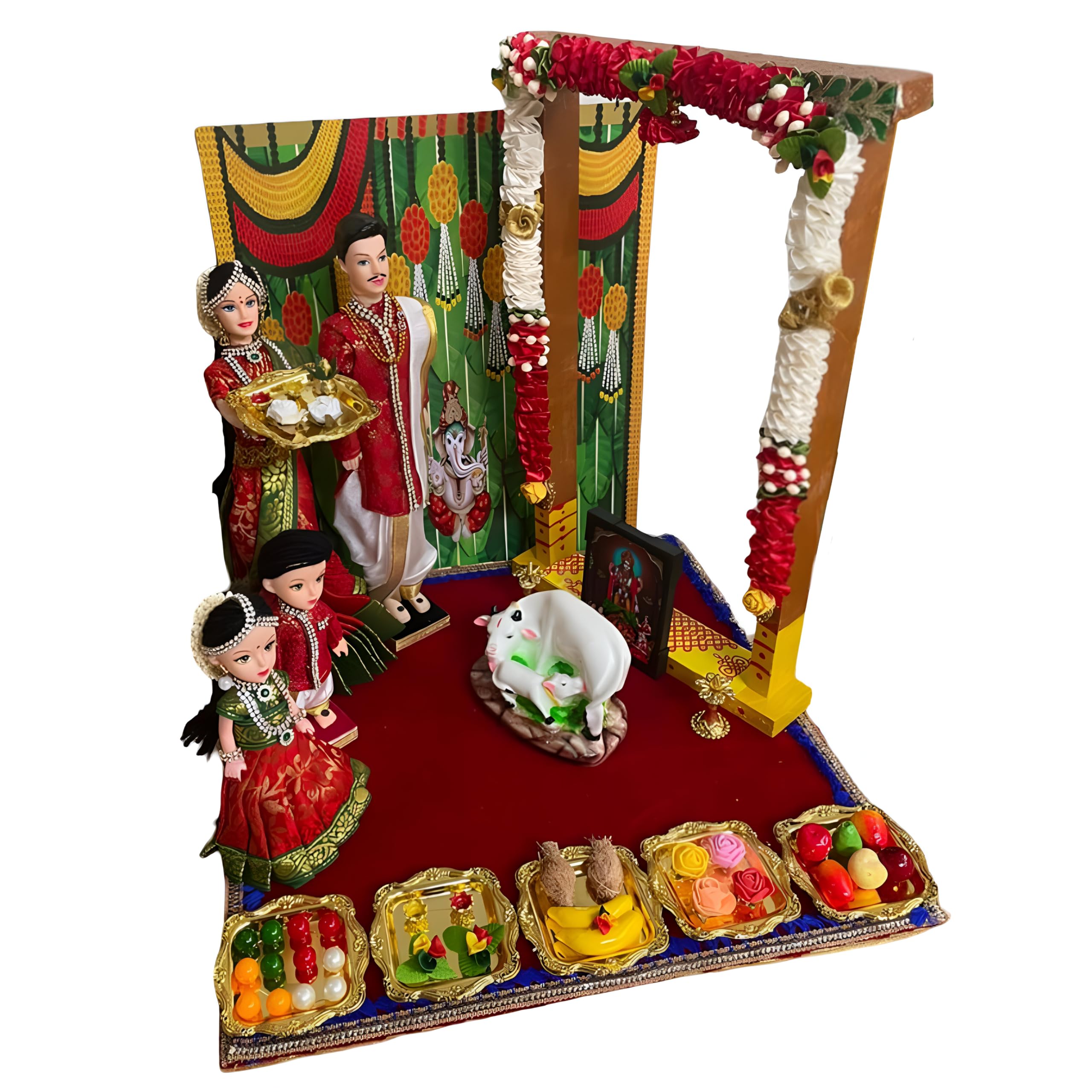 Traditional Indian Housewarming Ceremony Family Doll Set � Handmade Decorative Golu Dolls for Gruhapravesam, Bommala Koluvu & Return Gifts (Ruby Red)