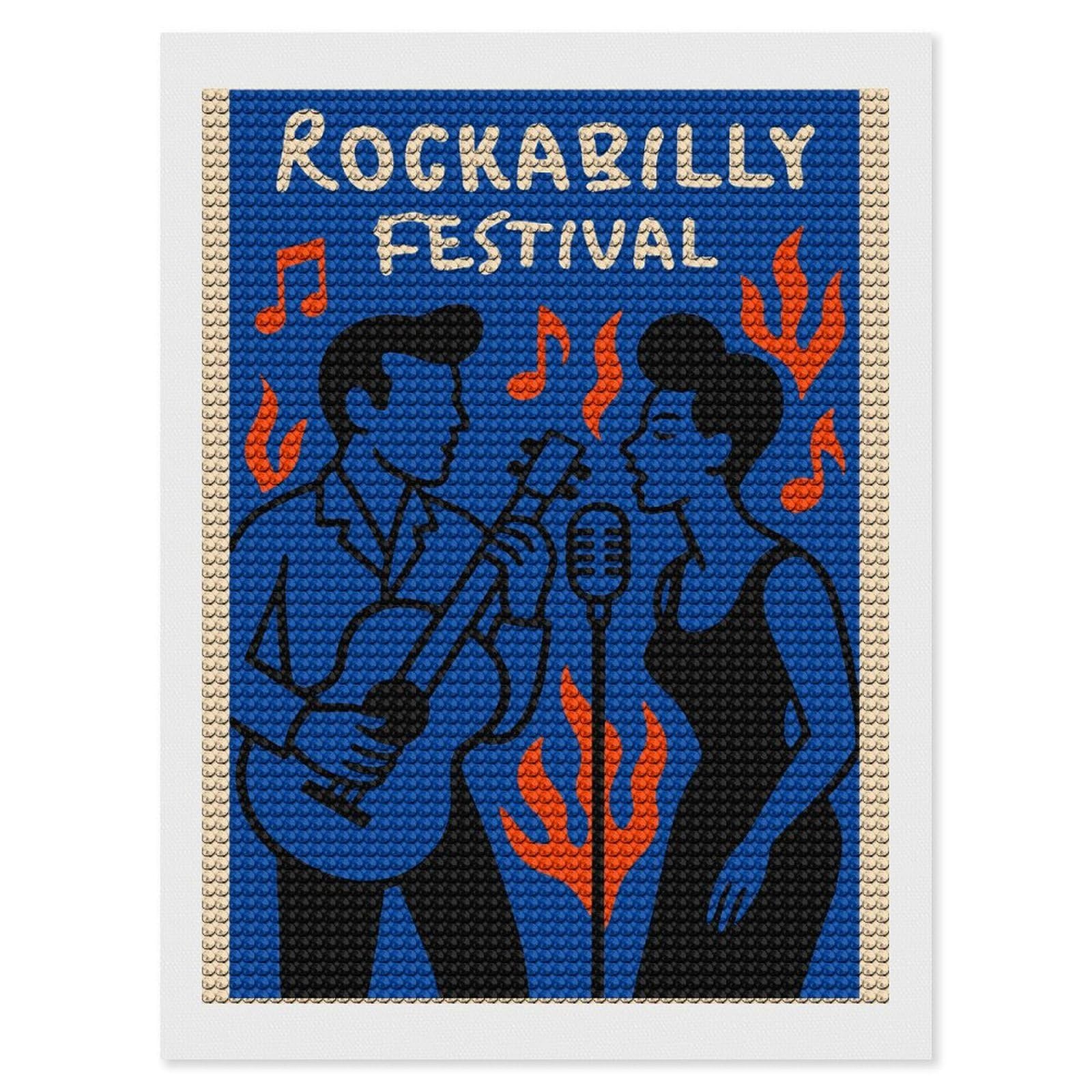 Junmoney Rockabilly Festival Diamond Art Canvas 12"x16", for Family Craft Time, Creative Leisure Activity, Living Room Decor, Festive Craft Gift