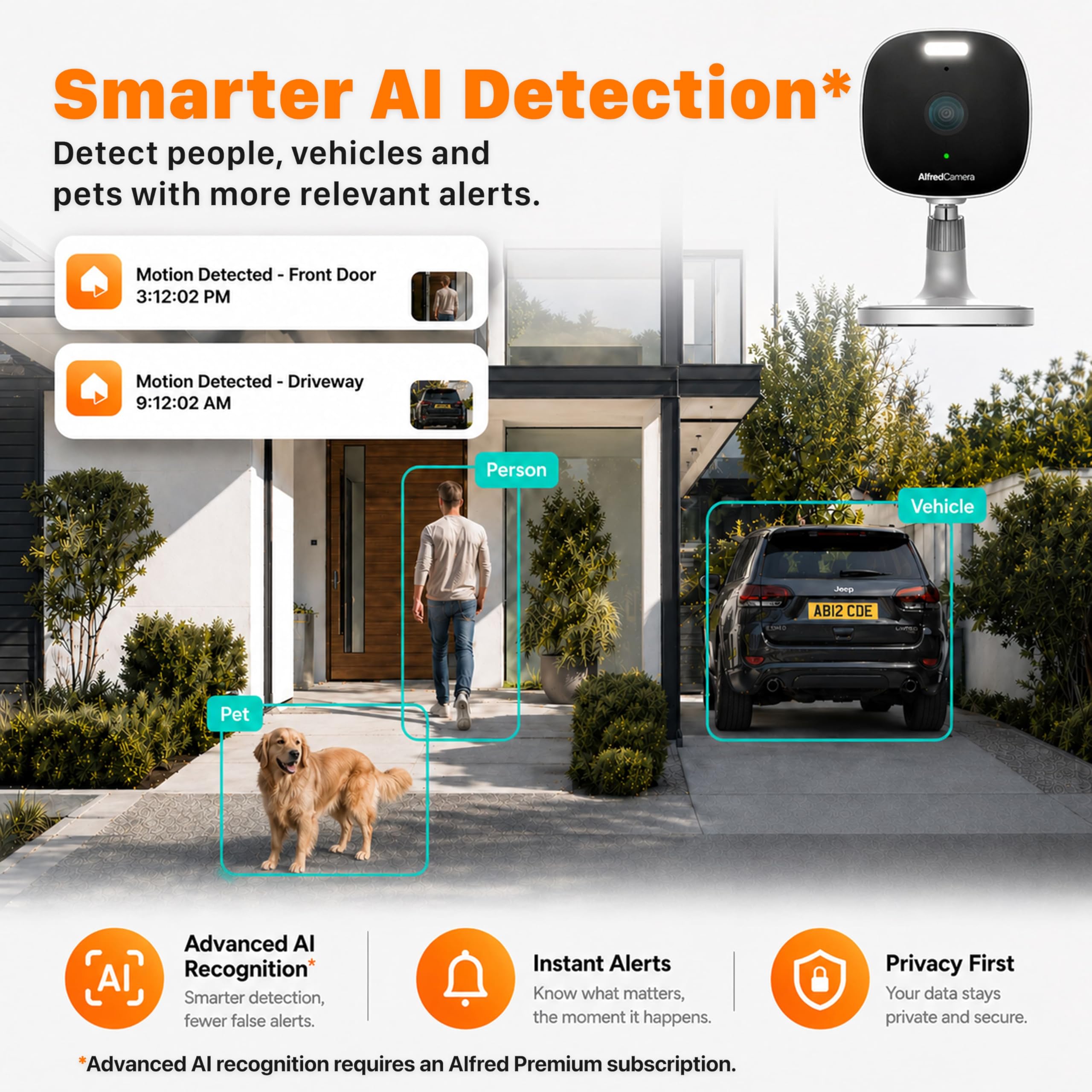 AlfredCam Plus 2 Cámara de Seguridad Exterior WiFi 2.5K con Foco LED, Visión Nocturna a Color, Audio Bidireccional, IP65 Impermeable, Grabación 24/7 con Tarjeta 64GB