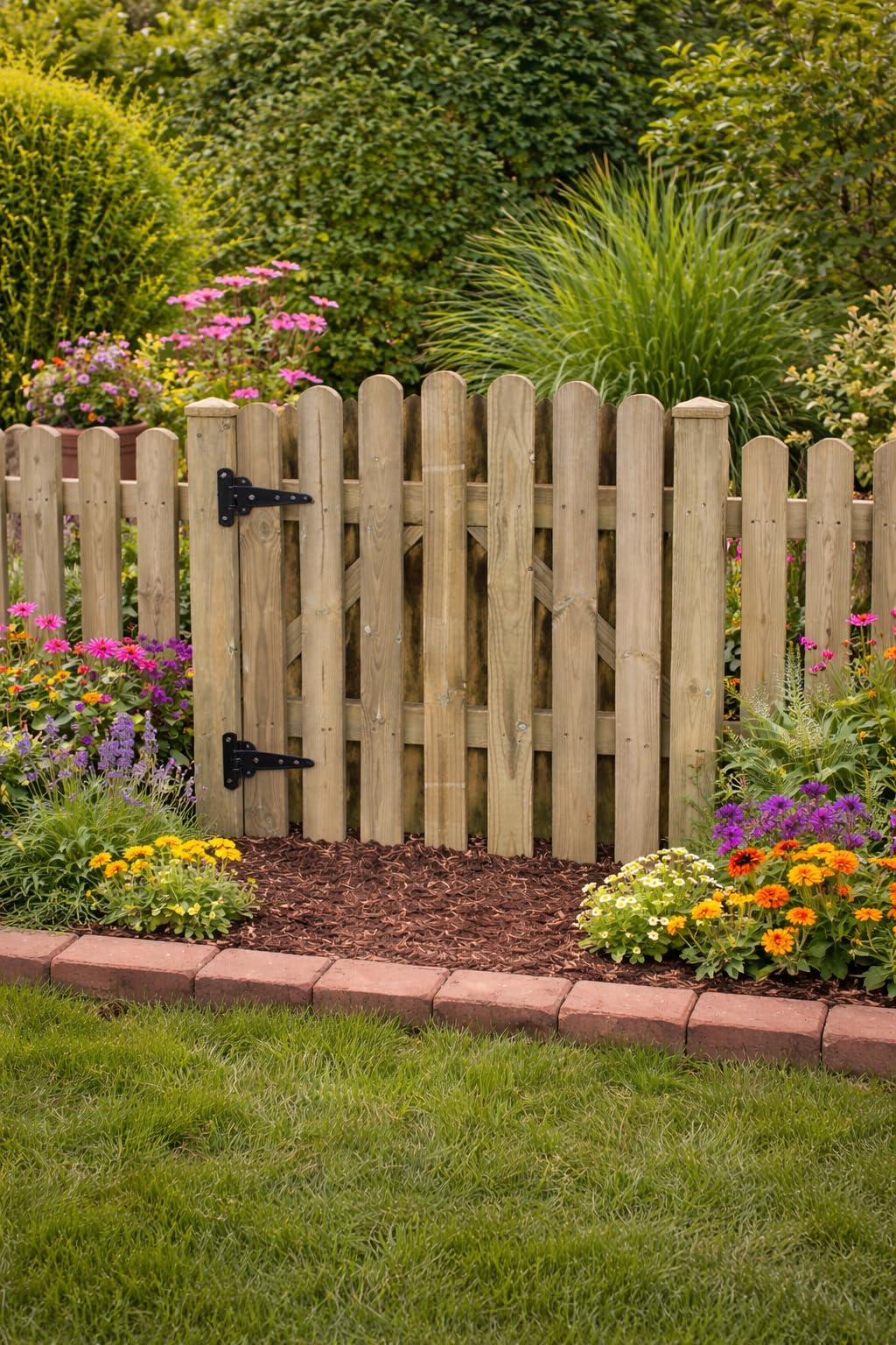 Wooden Garden Arched Picket Gate Pressure Treated Timber Pedestrian Fence Gate, Outdoor Wooden Garden Gate with Picket Design (90cm high x 99cm Wide x 5cm Deep)