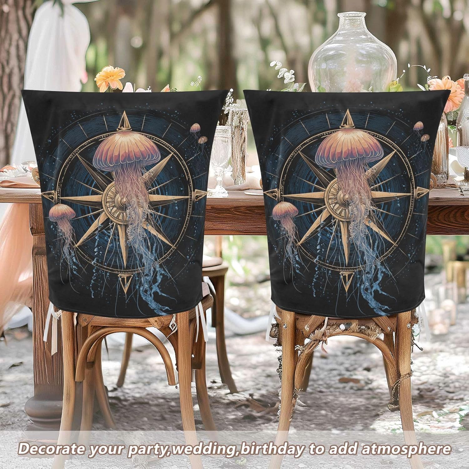 ALAZA Nautical Compasses and Jellyfishes Chair Back Cover Set of 6, Washable Reusable Removable Chair Slipcovers Decorative Chair Cover for Home Kitchen Wedding Party