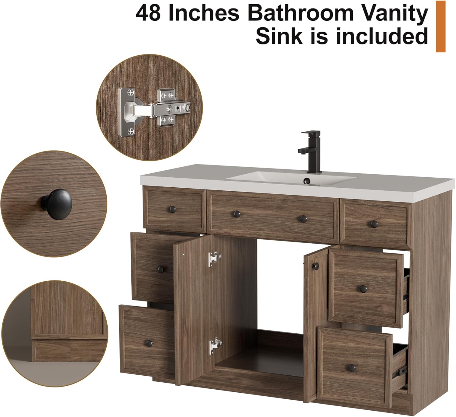 LUCKWIND 48" Bathroom Vanity Sink Combo, Modern Bathroom Cabinet with Single Undermount Solid Surface Vanity Sink, Soft-Close Hinges & Water-Saving Faucet, Taupe