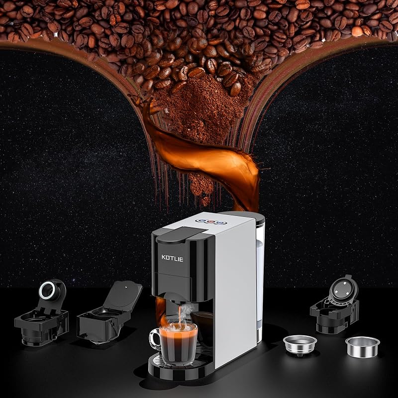 KOTLIE 4 az 1-ben Kapszulás Kávéfőző NES/DG/Őrölt Kávé/ESE Párnákhoz, 19 Bar, 1450W, 800ml Víztartály, Automata Kikapcsolás, Fekete