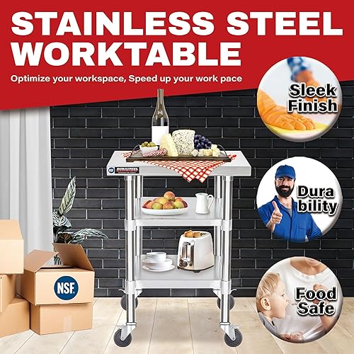 Miniatura 24 de DuraSteel Mesa de trabajo de acero inoxidable de 30 x 24 x 34 pulgadas de altura con 4 ruedas giratorias, mesa de trabajo de grado comercial
