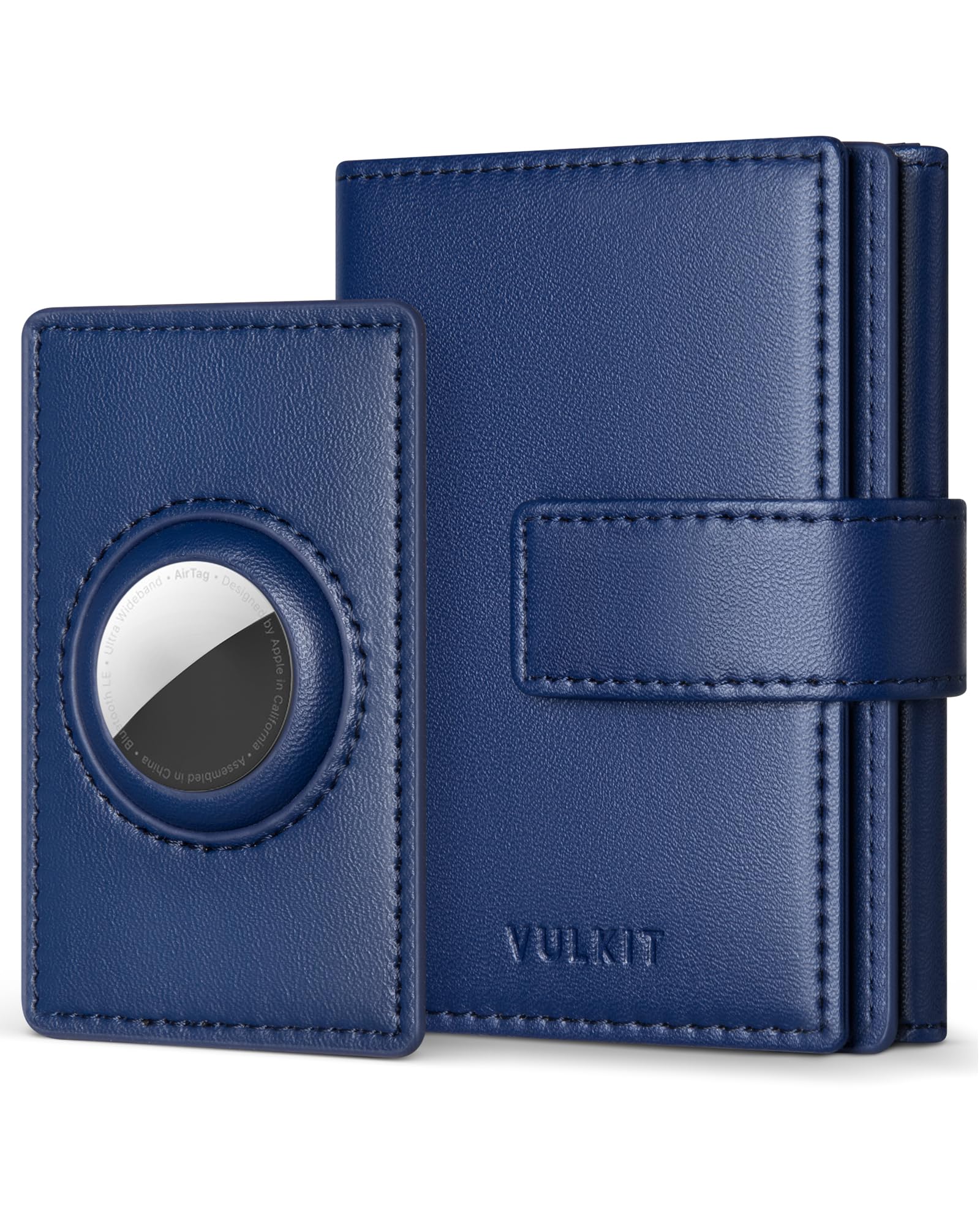 VULKIT Mens Leather Trifold Wallet RFID Blocking with Airtag Card Case, Double ID Window, Magnetic Closure, Dark Blue