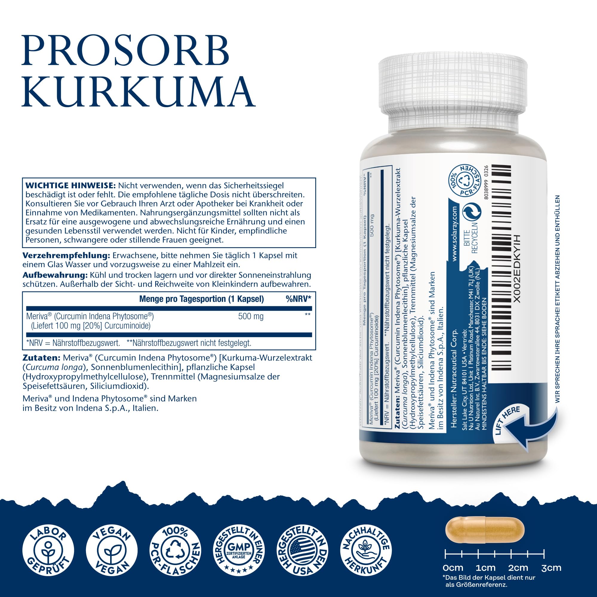 Solaray Kurkuma ProSorb 500 mg - Liefert 100 mg Curcuminoide (20%) - 30 vegane Kapseln - 29x höhere Bioverfügbarkeit mit Meriva® Curcumin Phytosome™ - Laborgeprüft