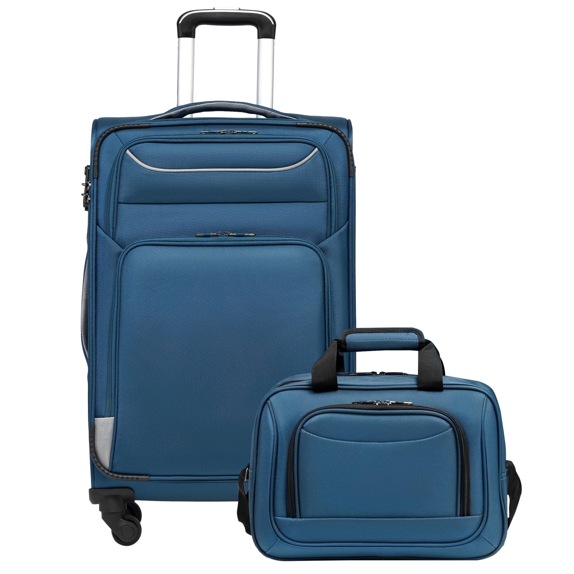 COOLIFE Koffer Trolley Koffer Reisekoffer von 4 Rollen Stoffkoffer Handgepäck TSA-Schloss Der Koffer Enthält 1 Große Umhängetasche (Mittlerer Koffer-Set 2tlg, blau+Silber)