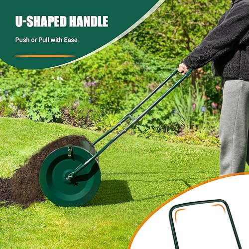 Miniatura 6 de Goplus Esparcidor de compost de 24 pulgadas, esparcidor de turba con mango en forma de U mejorado, pestillos laterales, rodillo de malla metálica