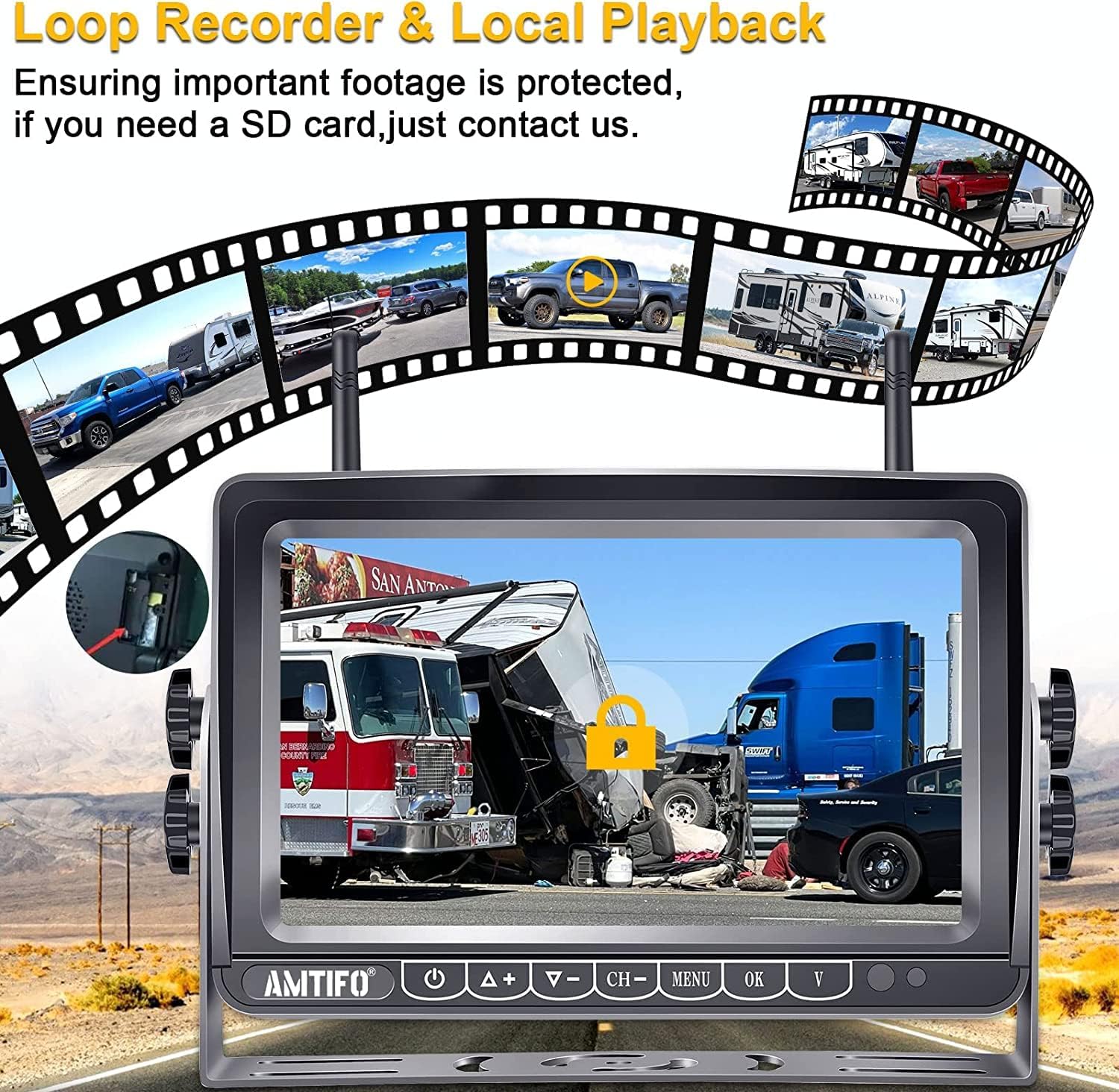 Monitor displaying a scene with a lock icon, indicating loop recording and local playback features.