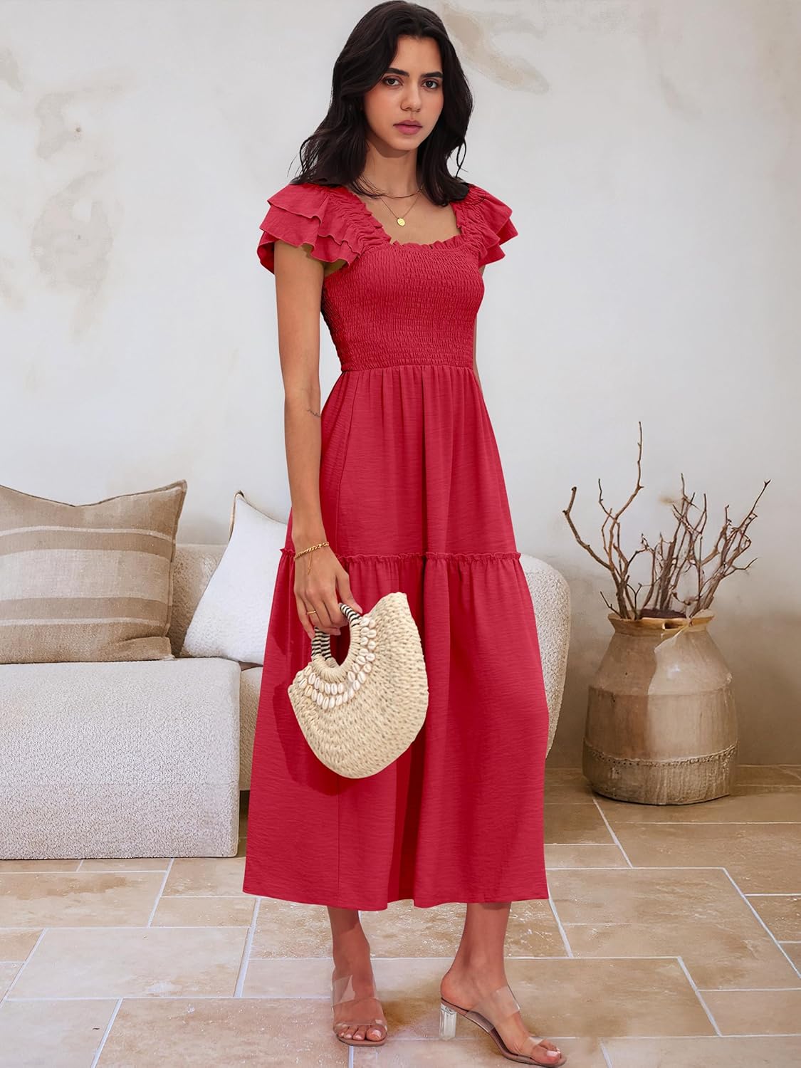 Caracilia Womens Summer Maxi Dress 2026 Casual Ruffle Short Sleeve Square Neck Smocked Flowy Sundress Beach Vacation Clothes - Image 6