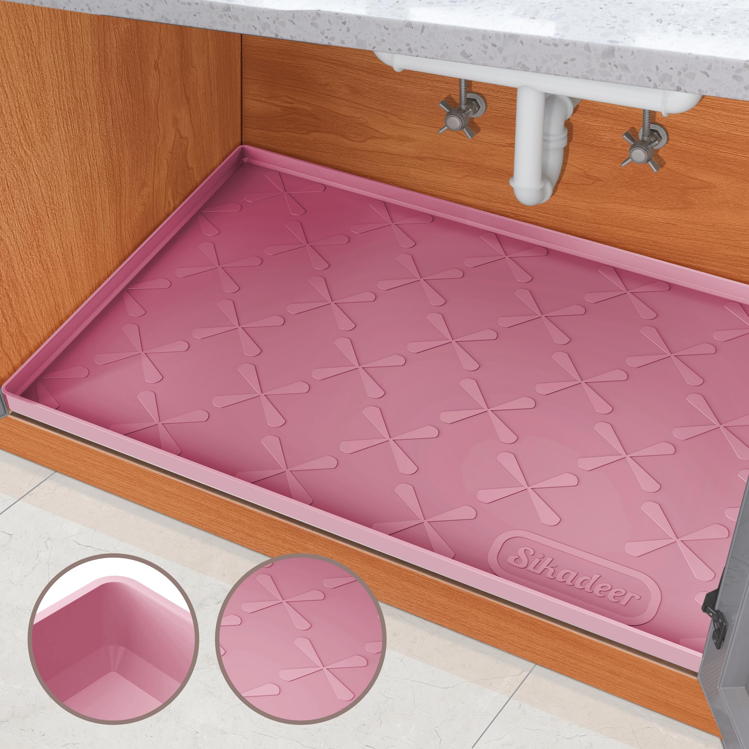 SIKADEER Under Sink Mat for Kitchen Waterproof, 34" x 22" Silicone Under Sink Liner, Up to 3.3 Gallons Liquid, Kitchen Bathroom Cabinet Mat-Fits 36inch Standard Cabinet Under Sink Drip Tray Pink 
