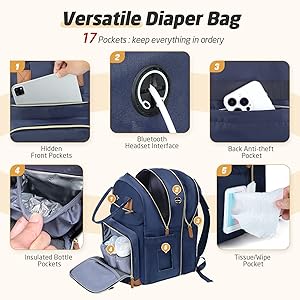 Tonyeee Diaper Bag Backpack - Extra Large Diaper Bag for 2 Kids Twin, Travel Baby Bags for Mom Dad 25-37L Expandable with Changing Pad Earphone Hole, Solid Blue
