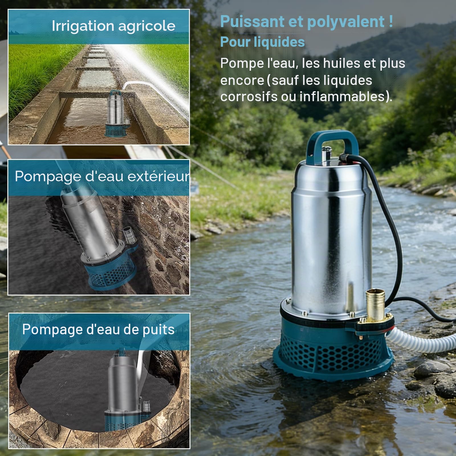Pompe submersible compatible avec Makita batterie 18V, pompe à eau sans fil avec câble de connexion de 5 m, hauteur de refoulement de 16 m, moteur sans balais (batteries et chargeur non inclus)