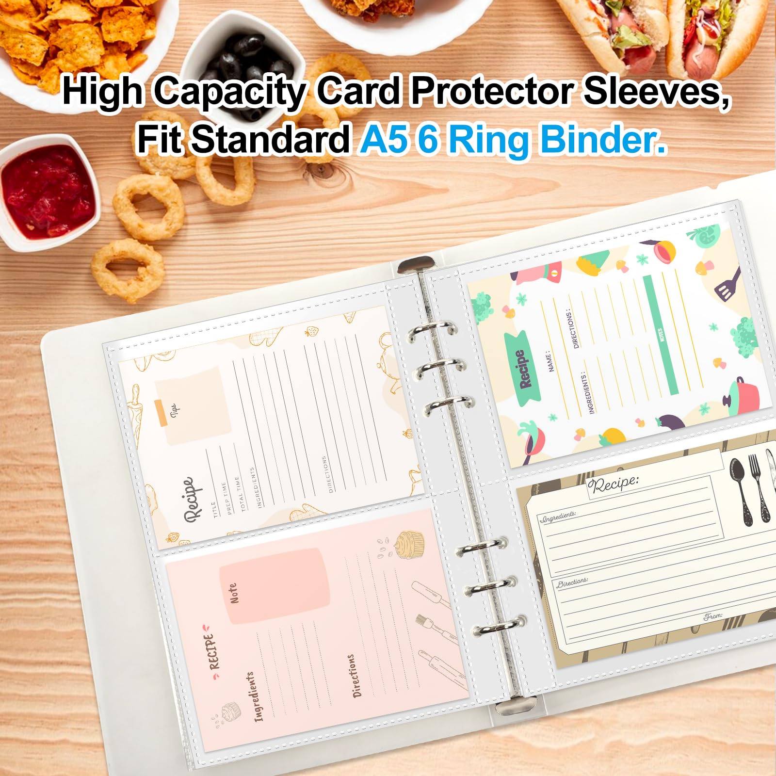 Hojas de carpeta A5 para tarjetas de índice – Paquete de 50 | Recambio de plástico transparente con 2 bolsillos protectores de página para tarjetas de recetas, tarjetas fotográficas, tarjetas flash |