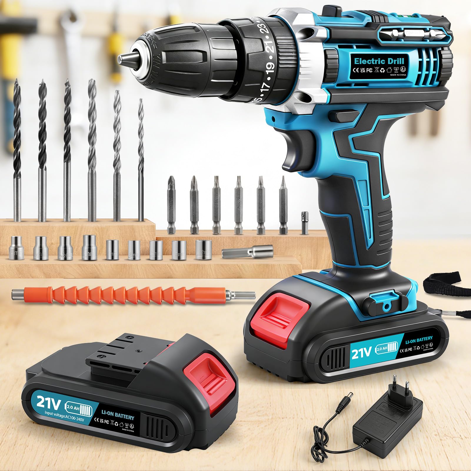 Victoam 21V Cordless Drill, Power Frills Cordless with 2000mAh Battery, 25+3 Torque Settings Max 50Nm with 2 Batteries and Fast Charger, Battery Drill for Garden Home and DIY Projects