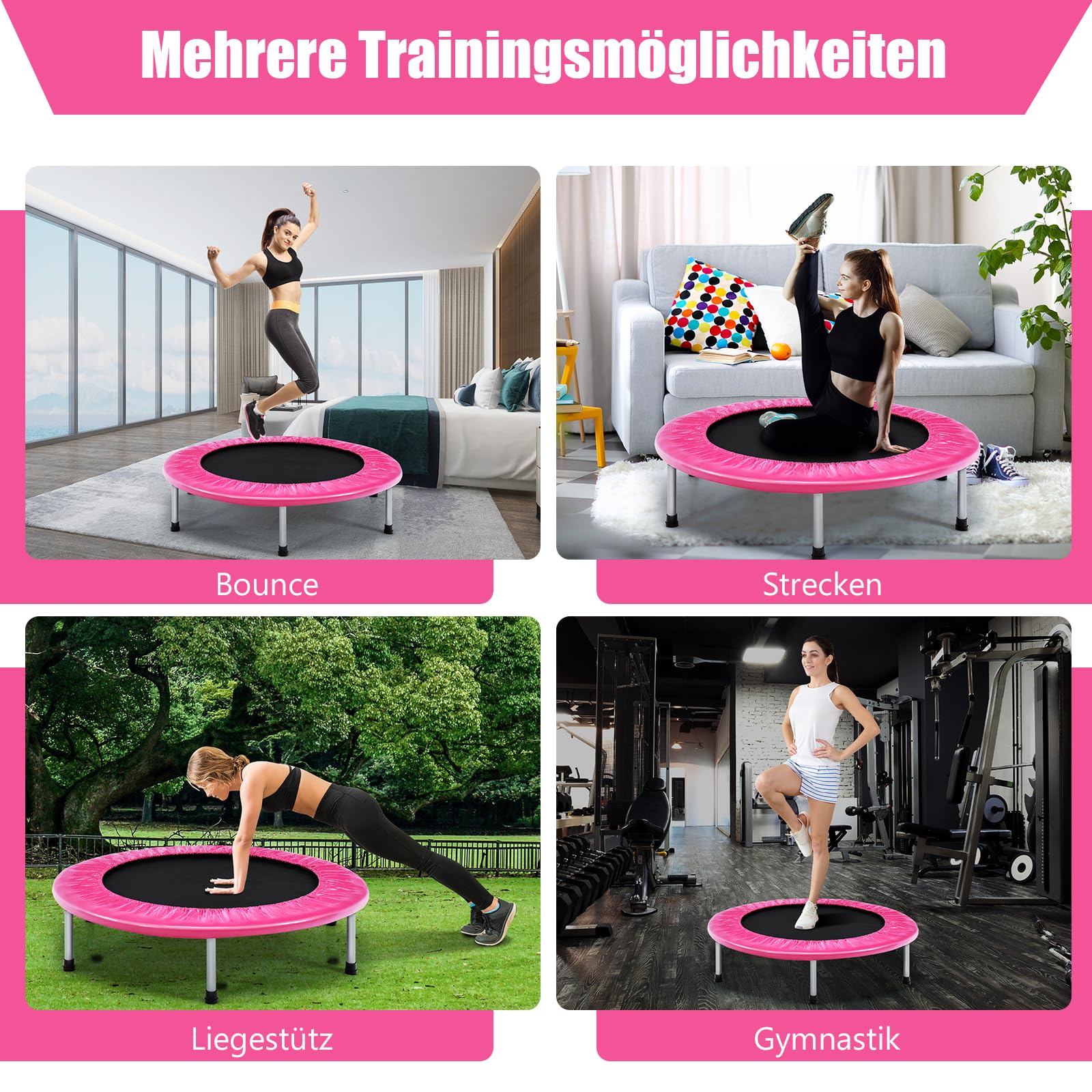 GOPLUS Składana trampolina dla dzieci, ze stali, udźwig do 150 kg, składana trampolina z antypoślizgowymi nóżkami, do fitnessu, utraty wagi, do użytku wewnątrz (różowa)