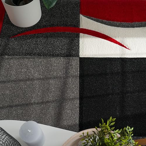 Miniatura 2 de Paco Home Alfombra a cuadros con modernos tonos tallados en rojo y negro tamaño 3 pies 11 pulgadas x 5 pies 7 pulgadas