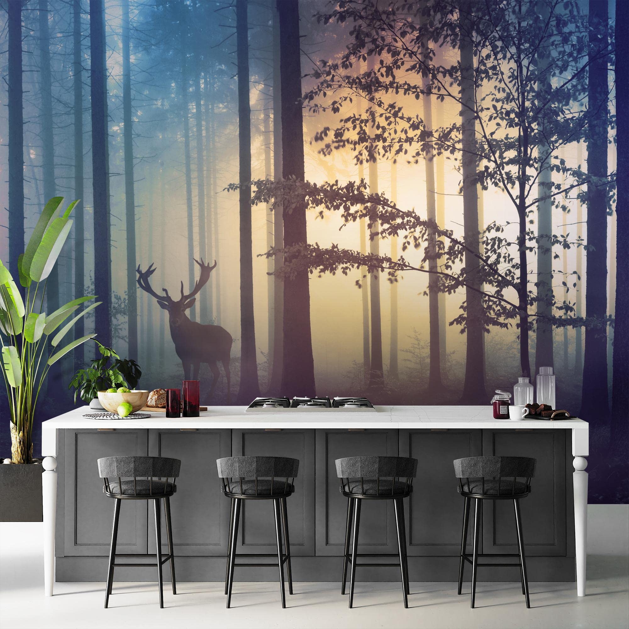Runa Art Carta da parati fotografica Foresta cervi nebbia 352 x 250 cm Vello Sfondo Murale XXL Moderne Decorazione Soggiorno Camera De Letto Sala Ufficio giallo blu 9338011a