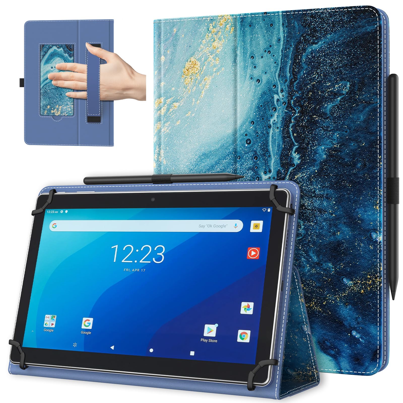 TiMOVO Universal Hülle für 10,1 Zoll Android Tablet mit Stiftschlaufe, Leichtes & Faltbares Standhülle mit Handschlaufe für Alle 9,6-11 Zoll Touchscreen-Tabletten, Vergoldend