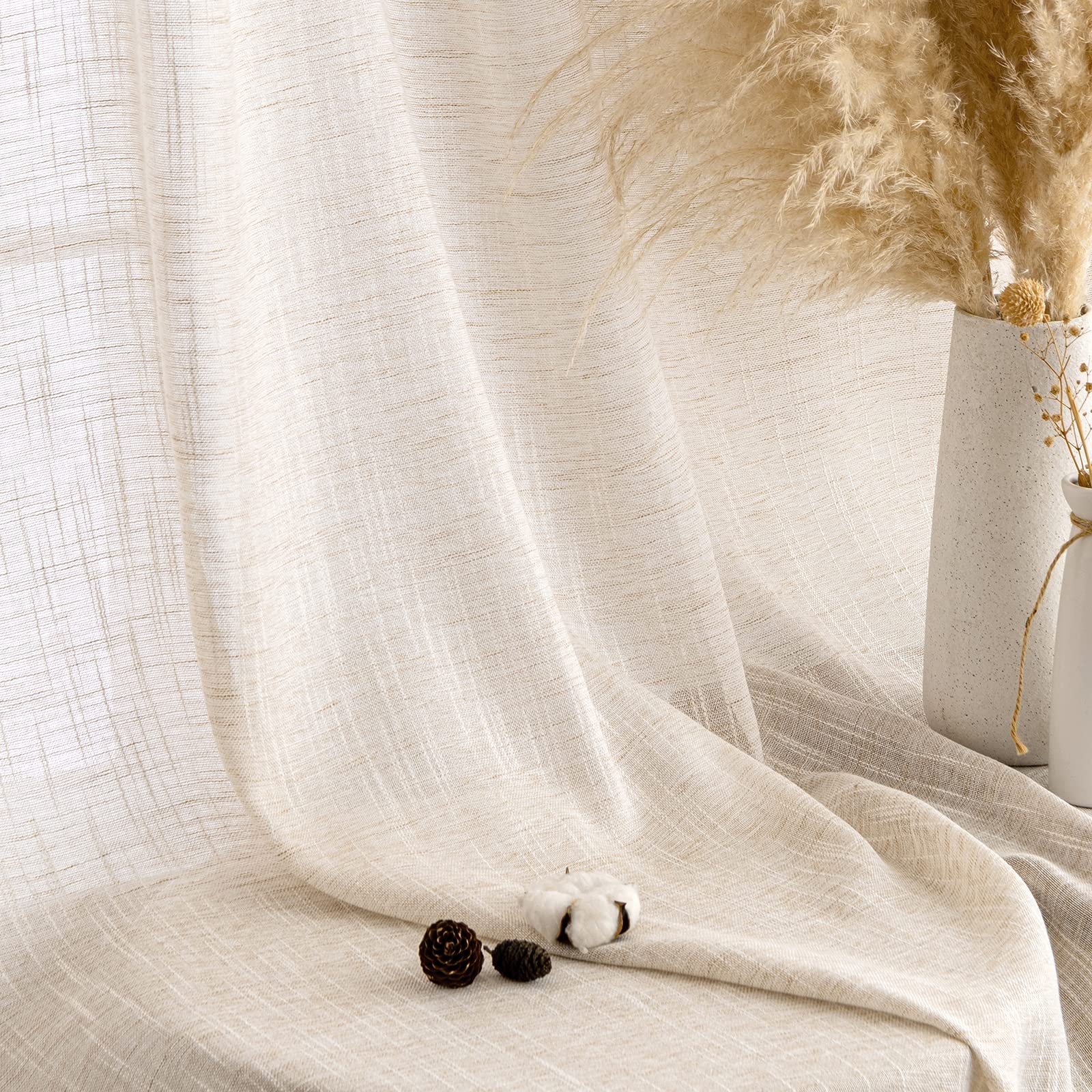 MIULEE Vorhang Gardinen Leinen mit ösen Voile Vorhänge Leinenoptik Gardinen Wohnzimmer Modern Fensterschal Kinderzimmer küchengardinen Schlaufenschal 2er Set 140x200 cm Weißer Reis