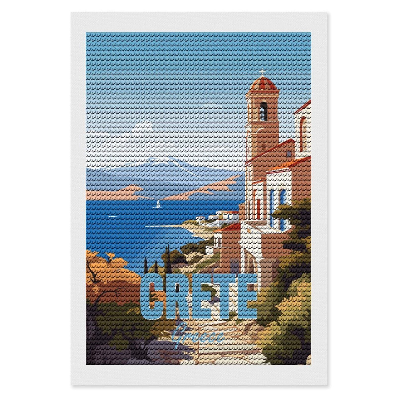 Junmoney Crete Greece Diamond Painting Canvas Kit 8"x12", Adhesive Canvas, Christmas Gift, Full Kit Included, Thoughtful Present