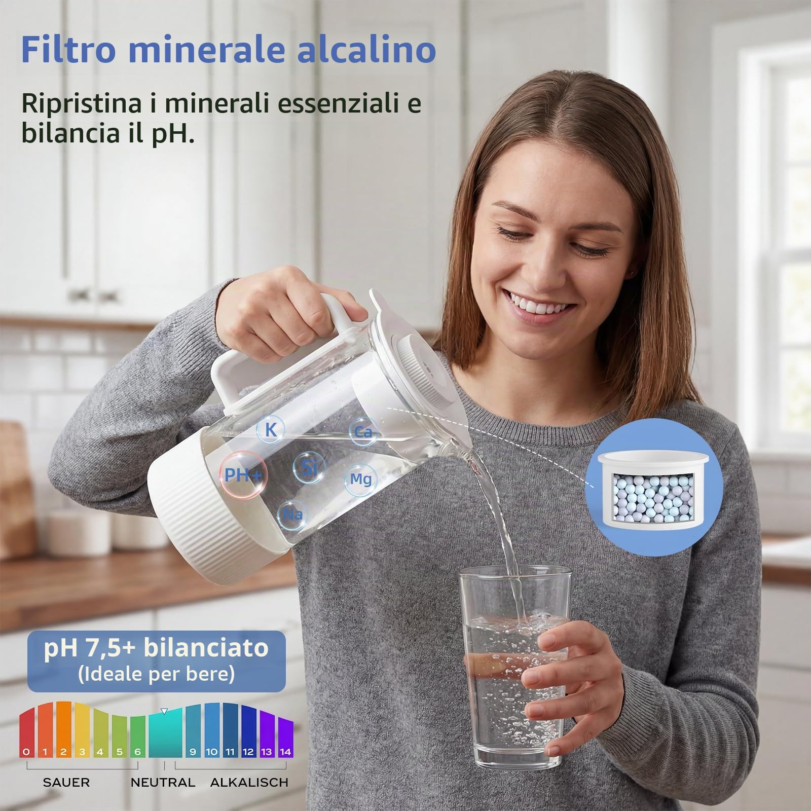 Impianto ad osmosi da tavolo per acqua potabile, filtrazione a 6 livelli contro nitrati e PFAS, rapporto delle acque reflue 4:1, monitor TDS, serbatoio da 4 l, brocca in vetro remineralizzante da 1,2