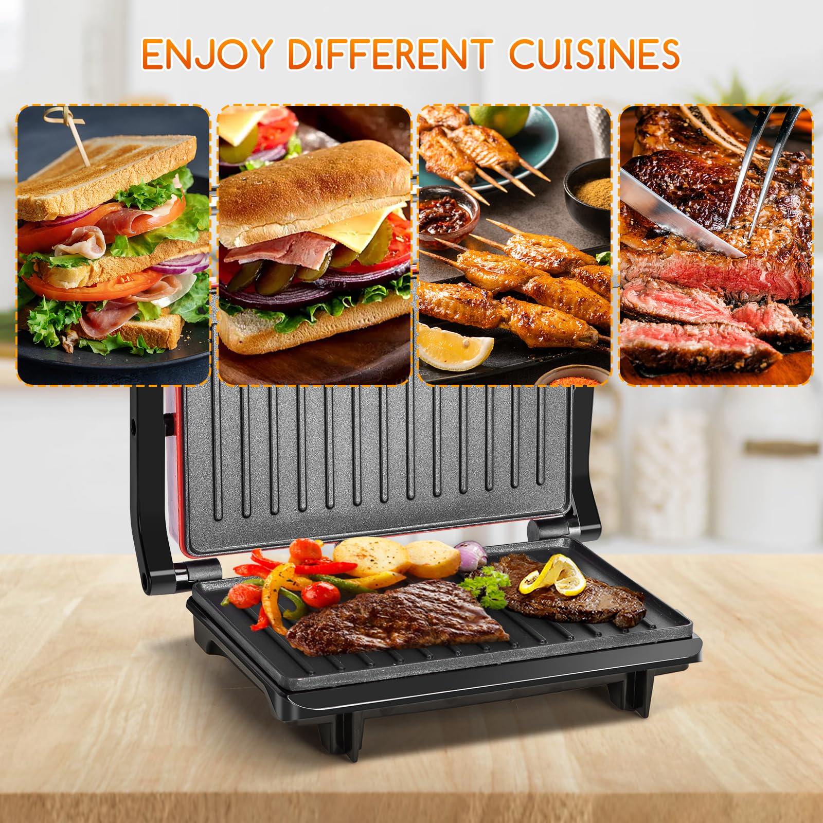 Aigostar Warme 30HHH – Opiekacz Panini/Grill kontaktowy, 700 W, Nienagrzewająca się rączka, Powłoka nieprzywierająca, Wskaźnik pracy, bez BPA, Czerwony, Ekskluzywny Design.