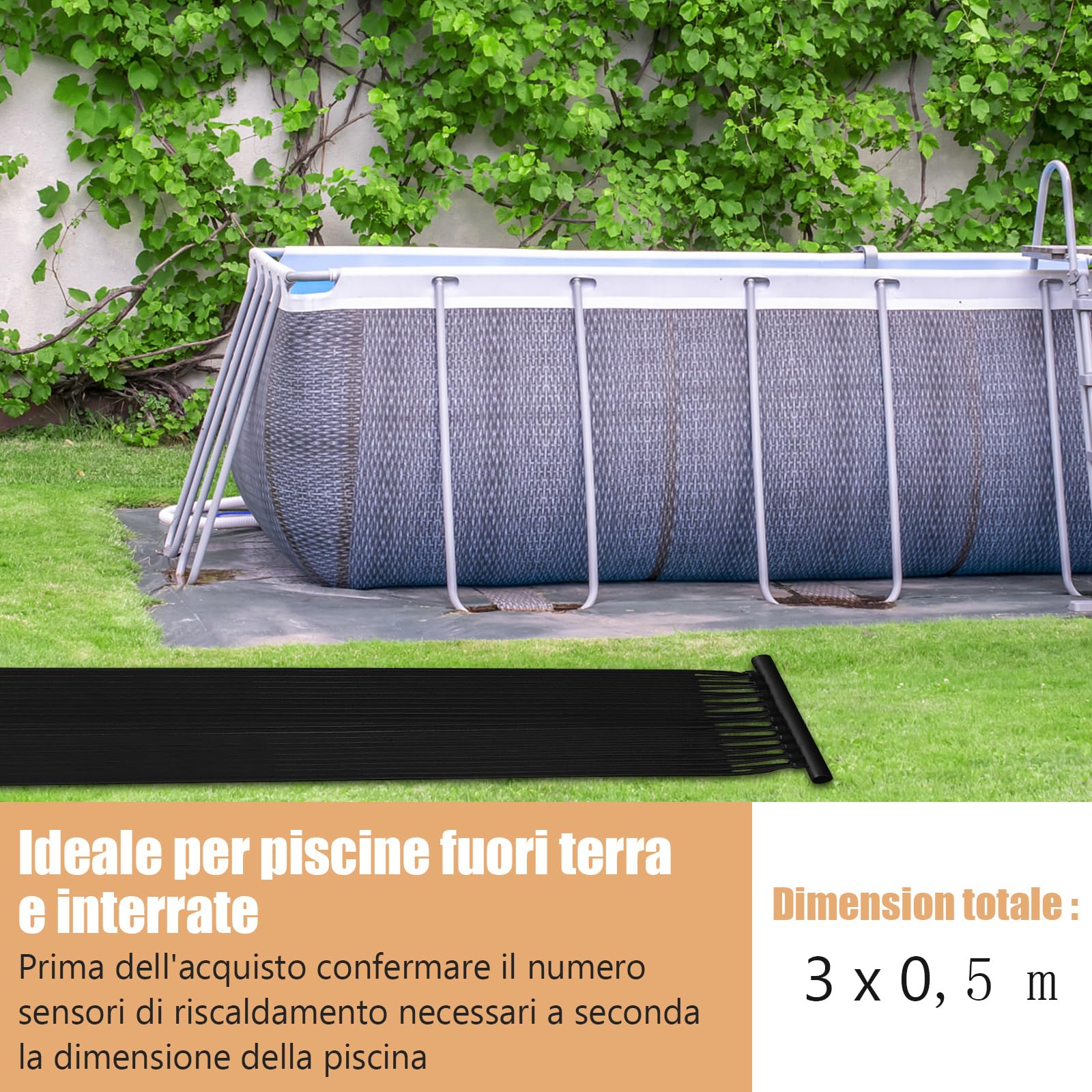 COSTWAY Riscaldatore Solare per Piscina, 2 PCS 500 x 75/600x75 cm Pannelli Solari in PE Resistente alle Intemperie e Assorbimento Efficiente, per 21500/25800 L Piscina Interrata e Fuori Terra (3m)