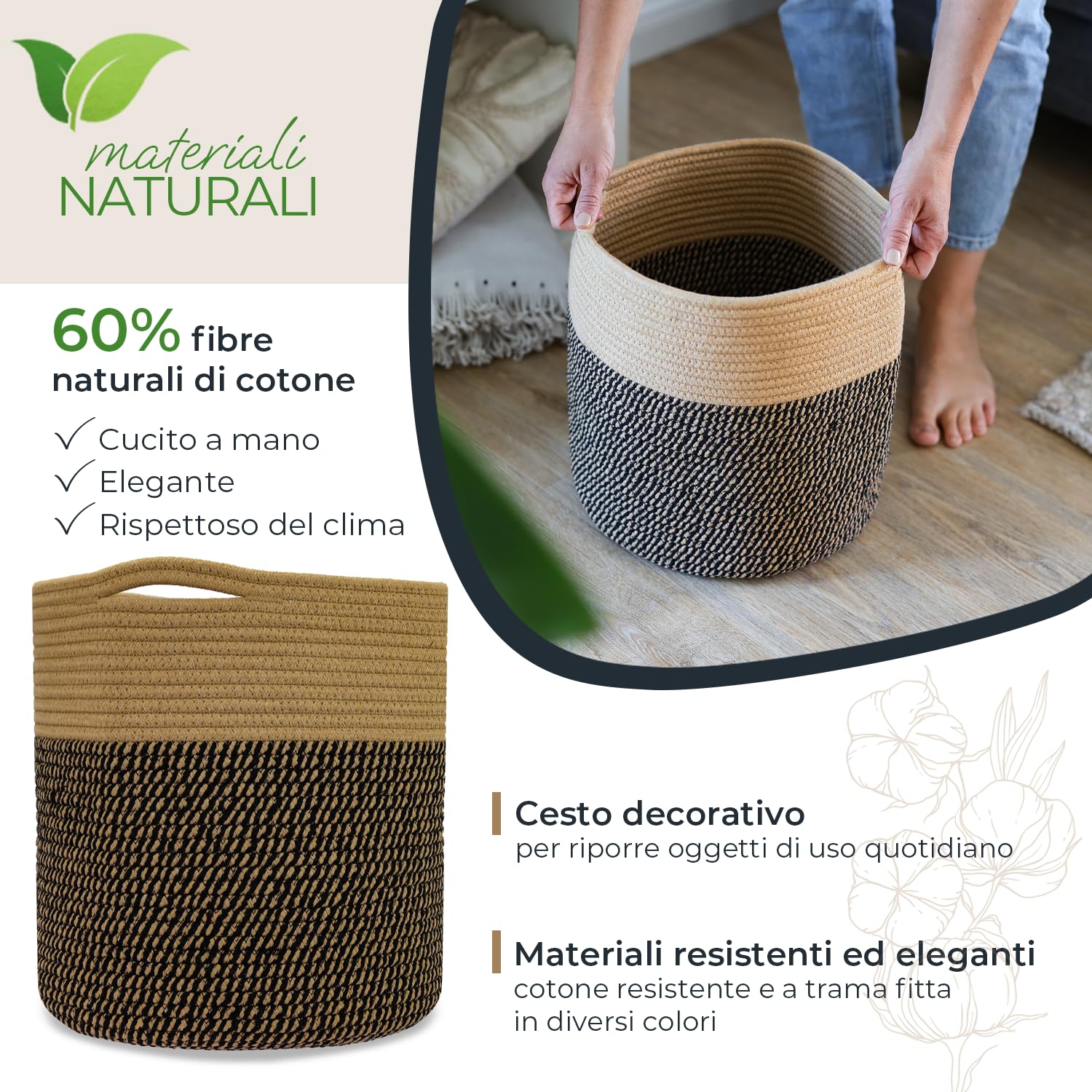 HMF Cesto portaoggetti con manici nascosti, cesto rotondo adatto per Kallax | 31 x 31 cm | Nero-Miele