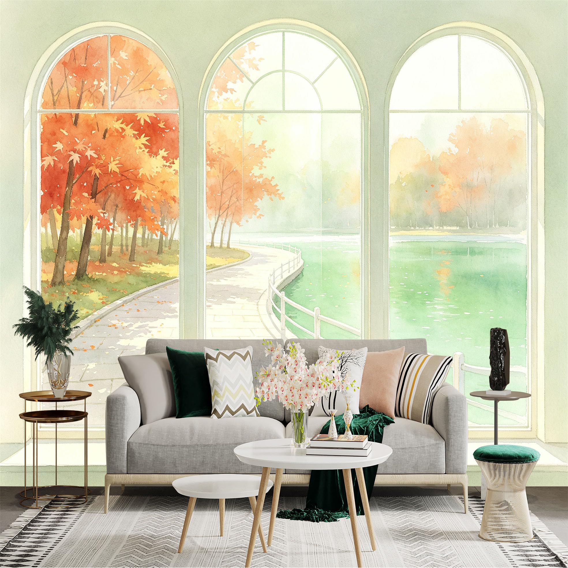Custom Size Wall Sticker Mural， Watercolor Window View， Autumn Forest Landscape， Lakeside Park Path， for wall Decoration， peelandstick wall Decals.