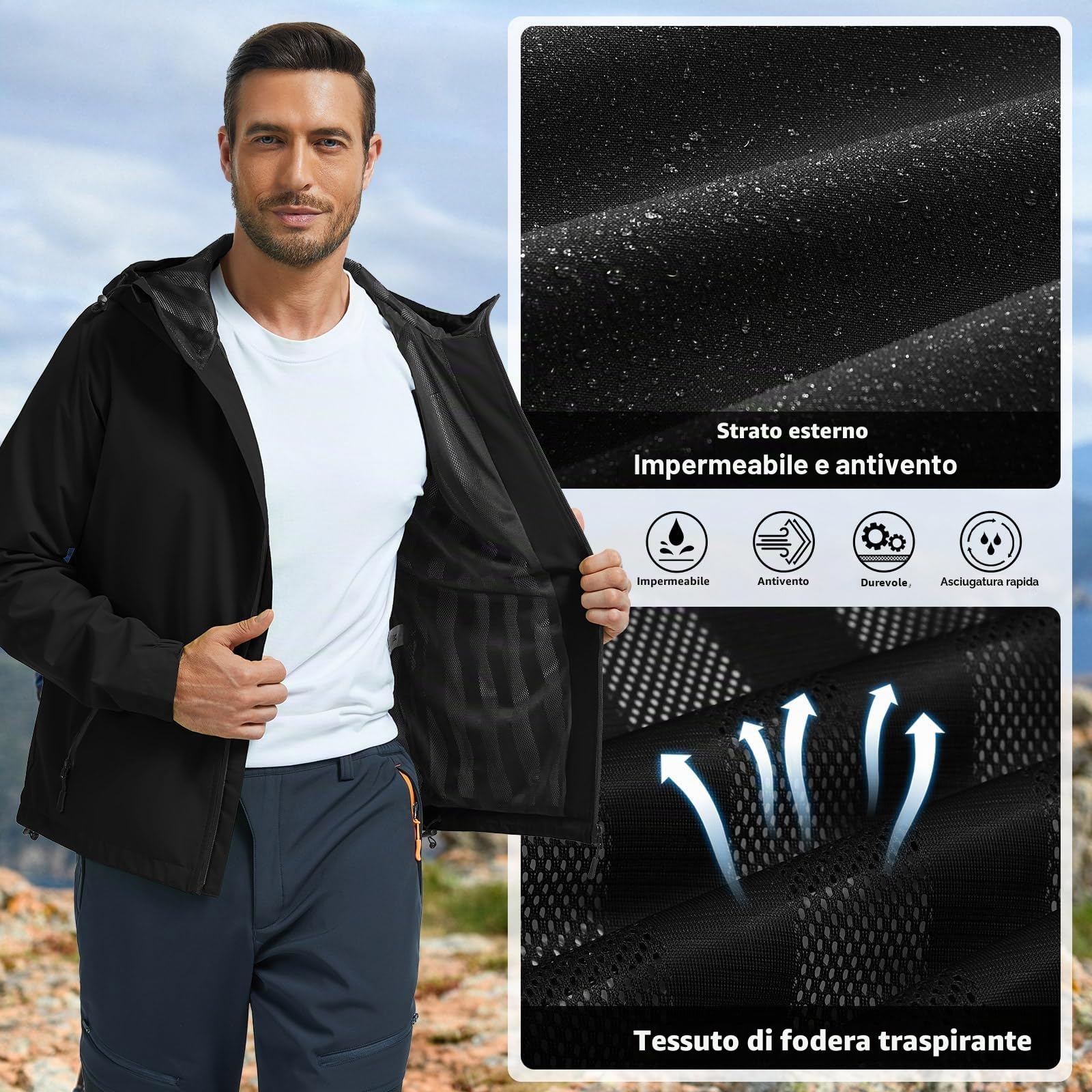 Giaccone Sportivo Uomo Impermeabile Leggero e Antivento Felpa con Cappuccio per Outdoor